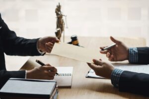 Lawyer discussing with client about contract, agreement, legal guideline, lawsuit. Lawyer work